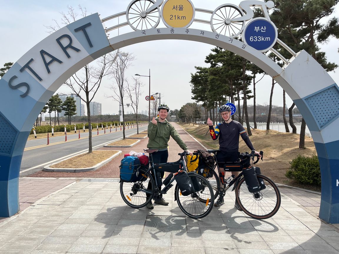 Me and Oskar in cycling gear at the Four Rivers path starting point